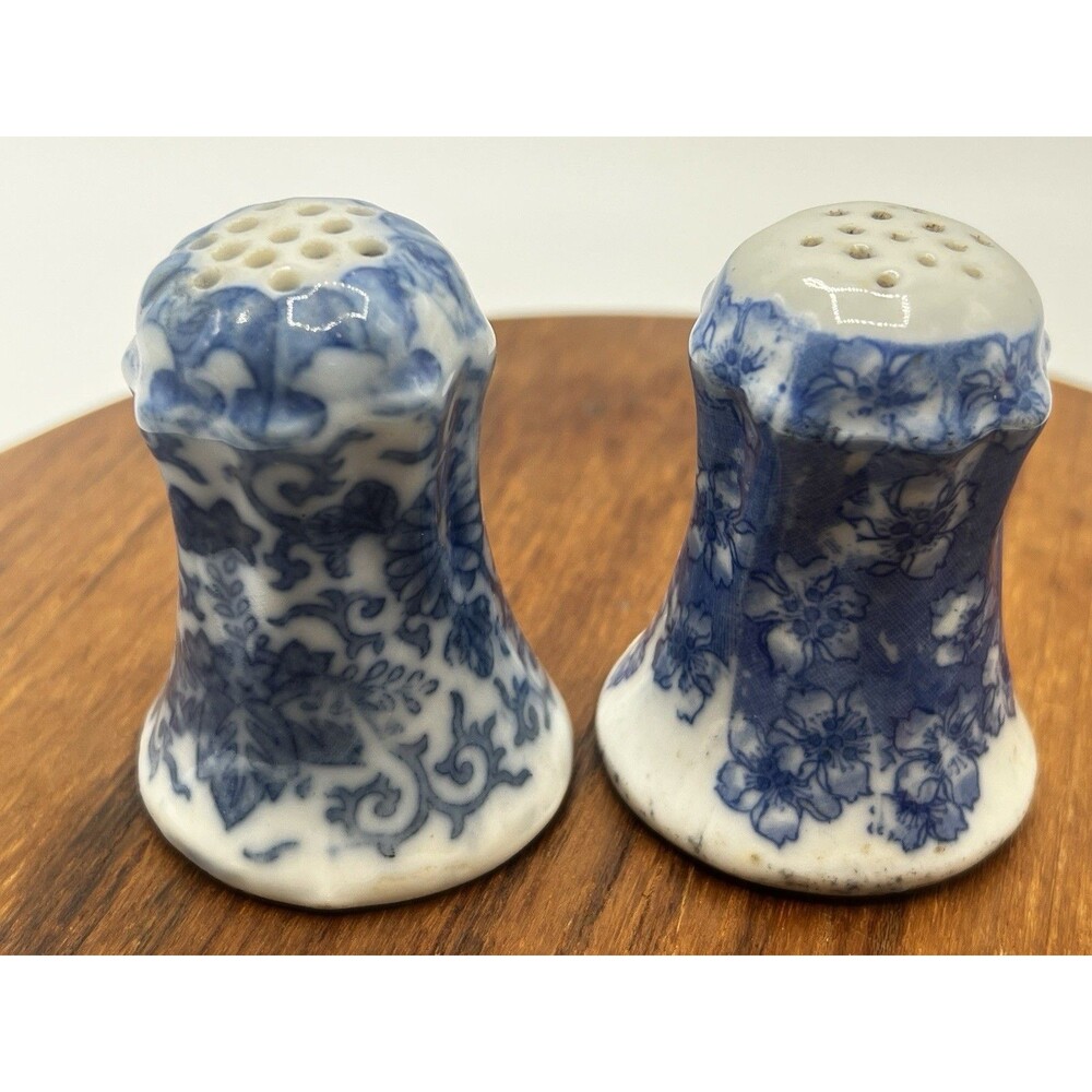 Antique Blue White Floral Porcelain Salt Pepper Shakers Cherry Blossom Pair